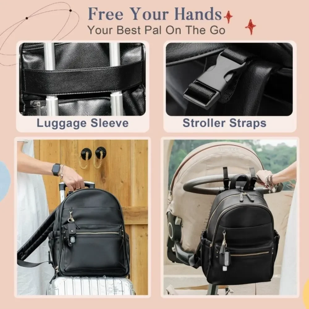 miss fong Diaper Bag Backpack Leather Diaper Bag, Baby Diaper Bag (Black)
